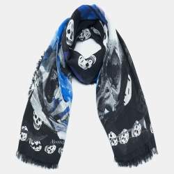 Pre Owned Alexander McQueen Black Rose Skull Print Wool & Modal Scarf