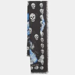 Pre Owned Alexander McQueen Black Rose Skull Print Wool & Modal Scarf