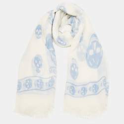 Alexander McQueen White Skull Print Modal and Cashmere Fringed Scarf