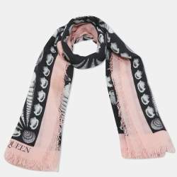 Pre Owned Alexander McQueen Black/Pink Sea Shells Print Modal and Silk Scarf