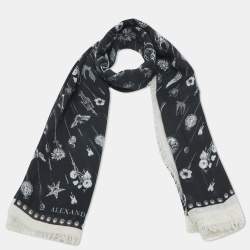 Alexander McQueen Black Butterfly Skull Print Modal and Wool Scarf