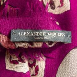 Alexander McQueen Purple Skull Print Wool Blend Fringed Scarf