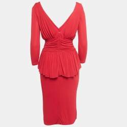 Pre Owned Alexander McQueen Red Jersey Ruched Midi Dress M