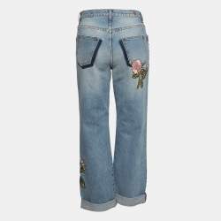 Pre Owned Alexander McQueen Blue Embroidered Floral Denim Boyfriend Jeans S Waist 28"
