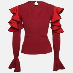 Pre Owned Alexander McQueen Red Rib Knit Ruffled Top S