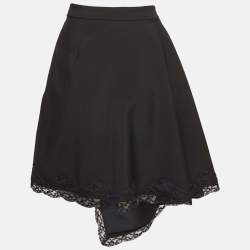 Alexander McQueen Black Lace Trim Wool Asymmetric Skirt S