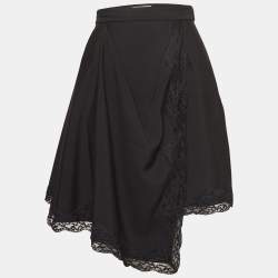 Alexander McQueen Black Lace Trim Wool Asymmetric Skirt S