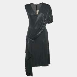 Pre Owned Alexander McQueen Black Coated Jersey Knot Detail Midi Dress S