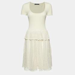 Pre Owned Alexander McQueen Cream Rib Knit and Patterned Knit Mini Dress L