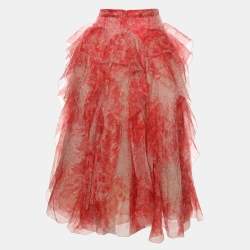 Pre Owned Alexander McQueen Coral-Print Draped Ruffle Midi Skirt