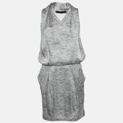 Alexander McQueen Grey Silk V-Neck Sleeveless Short Dress M