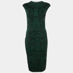 Alexander McQueen Green Wool Blend Jacquard Knit Sleeveless Midi Dress M
