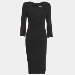 Alexander McQueen Black Crepe V-Neck Midi Dress S