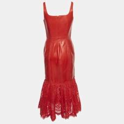Alexander McQueen Red Leather and Lace Peplum Midi Dress M
