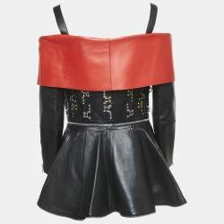 Alexander McQueen Black/Red Leather Zip Front Cold-Shoulder Top M