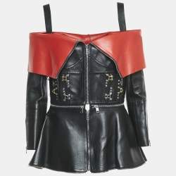 Alexander McQueen Black/Red Leather Zip Front Cold-Shoulder Top M