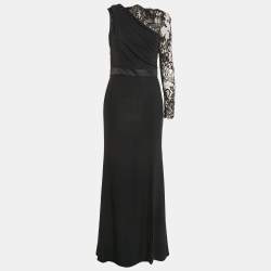 Alexander McQueen Black Lace Trim Crepe Asymmetric Sleeve Maxi Dress M