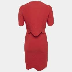 Pre Owned Alexander McQueen Red Textured Stretch Knit Scallop Hem Top and Skirt Set M/XS