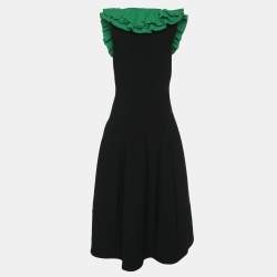 Alexander McQueen Black/Green Jersey Flounced Plunge Neck Dress S