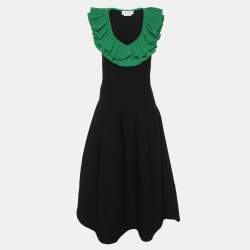 Alexander McQueen Black/Green Jersey Flounced Plunge Neck Dress S