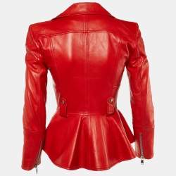 Pre Owned Alexander McQueen Red Leather Zip Up Peplum Jacket S