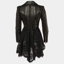 Pre Owned Alexander McQueen Black Leather & Lace Peplum Jacket S
