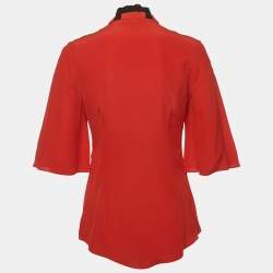 Pre Owned Alexander McQueen Red Silk Beaded High Neck Top S