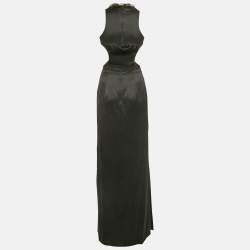 Pre Owned Alexander McQueen Black Jeweled Neck Satin Cut-Out Maxi Dress S