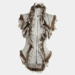 Pre Owned Alexander McQueen Grey Tweed & Fur Trim Sleeveless Asymmetric Hem Vest M