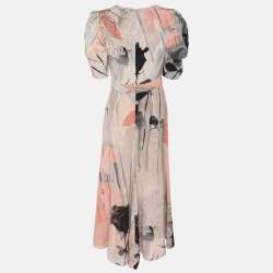 Pre Owned Alexander McQueen Multicolor Trompe L'Oeil Printed Silk Puff-Sleeve Midi Dress S