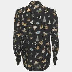Pre Owned Alexander McQueen Black Printed Silk Tie Up Neck Blouse M