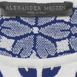 Pre Owned Alexander McQueen White/Blue Floral Pattern Stretch Knit Mini Dress XXS 