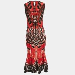 Pre Owned فستان إليكساندر ماكوين تريكو جاكار أحمر بدون أكمام بتموجات مقاس صغير - سمول