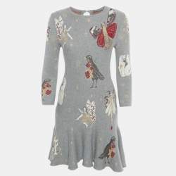 Pre Owned Alexander McQueen Grey Floral Jacquard Knit Mini Dress S