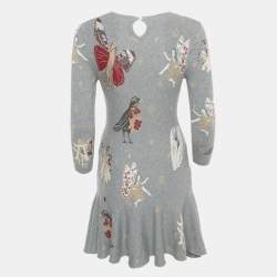 Pre Owned Alexander McQueen Grey Floral Jacquard Knit Mini Dress S