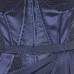 Pre Owned Alexander McQueen Navy Blue Lace & Silk Draped Corset Dress M