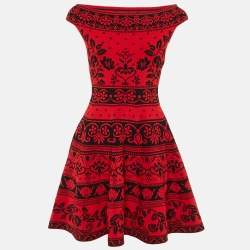 Pre Owned Alexander McQueen Red Floral Jacquard Knit Mini Dress S