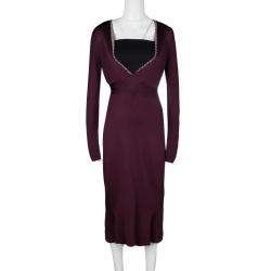 Pre Owned Alexander McQueen Burgundy Rib Knit Dotted Trim Long Sleeve Dress L