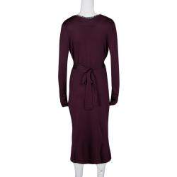 Pre Owned Alexander McQueen Burgundy Rib Knit Dotted Trim Long Sleeve Dress L