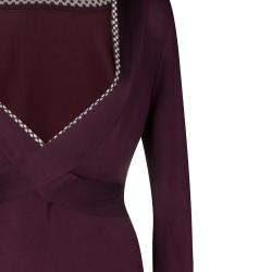 Pre Owned Alexander McQueen Burgundy Rib Knit Dotted Trim Long Sleeve Dress L