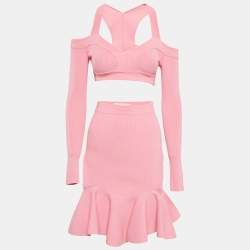 Pre Owned Alexander McQueen Pink Rib Knit Cut-Out Top and Skirt Set XXS