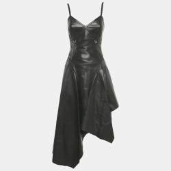 Pre Owned Alexander McQueen Black Leather Asymmetric Midi Dress S