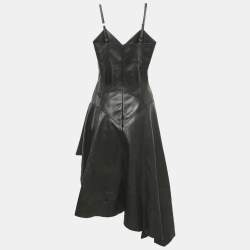 Pre Owned Alexander McQueen Black Leather Asymmetric Midi Dress S