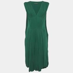 Pre Owned Alexander McQueen Green Jersey Pleated Sleeveless Midi Dress M