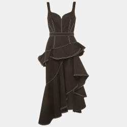 Pre Owned Alexander McQueen Black Denim Ruffled Asymmetric Dress M
