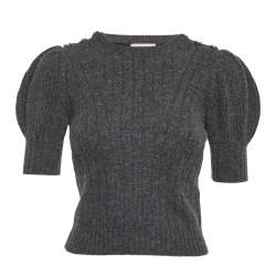 Pre Owned Alexander McQueen Grey Textured Wool Fitted Top XS