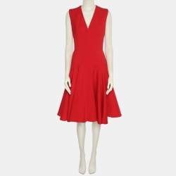 Pre Owned Alexander McQueen Red Wool Crepe Midi Dress S