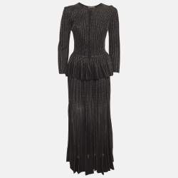 Pre Owned Alexander McQueen Black Knit Striped Embroidered Pattern Top and Skirt Set M/XL