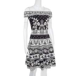 مملوكة مسبقًا Alexander McQueen Monochrome Floral Jacquard Knit Off Shoulder Dress M