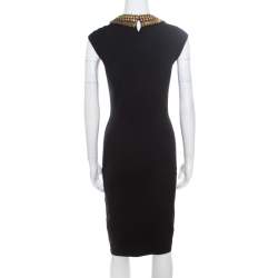 Pre Owned Alexander McQueen Black Stretch Wool Embellished Neck Sleeveless Bodycon Dress XS